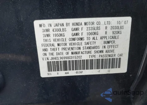 2008 Acura Tsx from USA, damaged, VIN JH4CL96998C015202